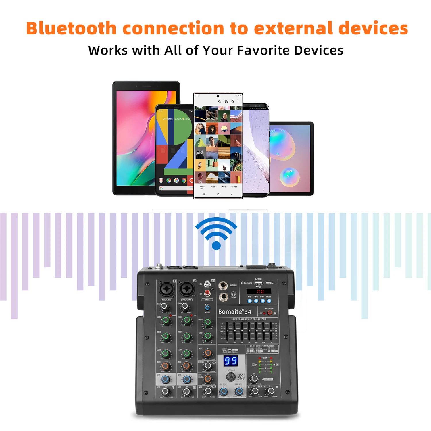 Mezclador de Audio de 4 Canales Depusheng B4, Mesa de Sonido Profesional para DJ, Consola de Mezclas con 99 Efectos Digitales DSP Integrados, Alimentación Phantom de 48V