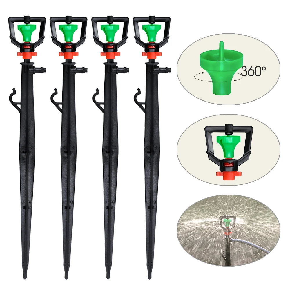Microaspersores giratorios de 360 °, 5 piezas, boquilla de sistema de riego de jardín, rueda verde grande con estacas de 22cm para invernadero, manguera de 4/7mm