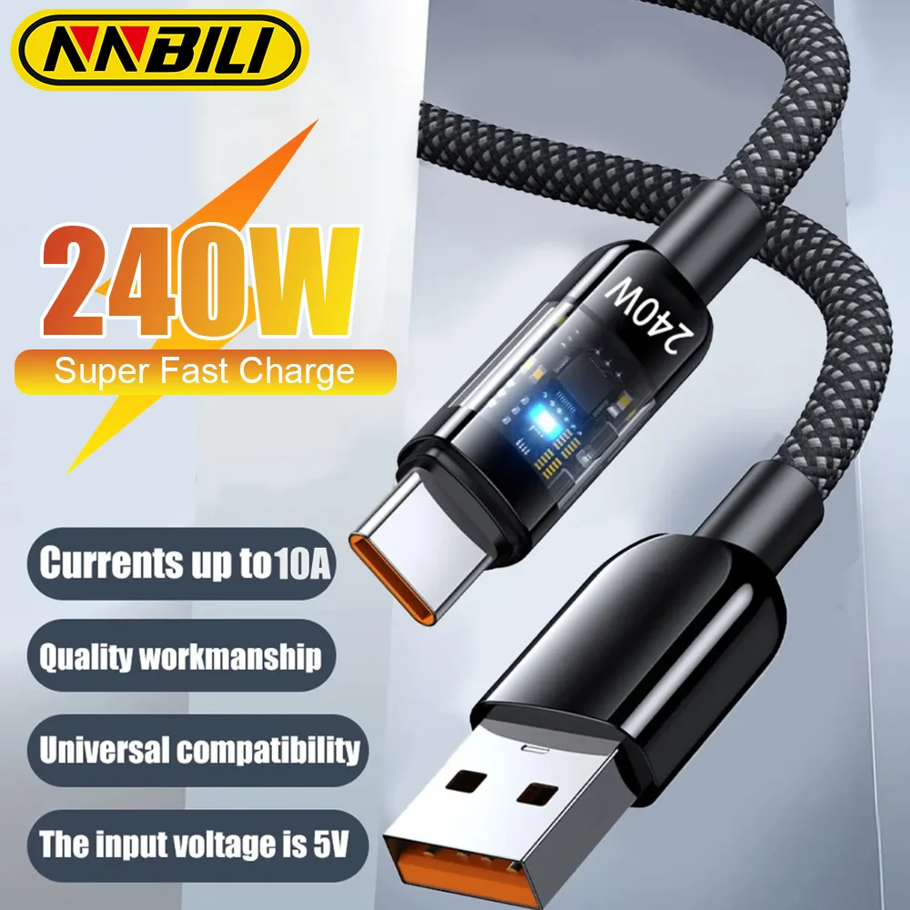 NNBILI-Cable USB tipo C de carga súper rápida, 240W, para Samsung, Xiaomi, Huawei, OPPO, cargador de teléfono LED, Cable de datos, accesorio para teléfono