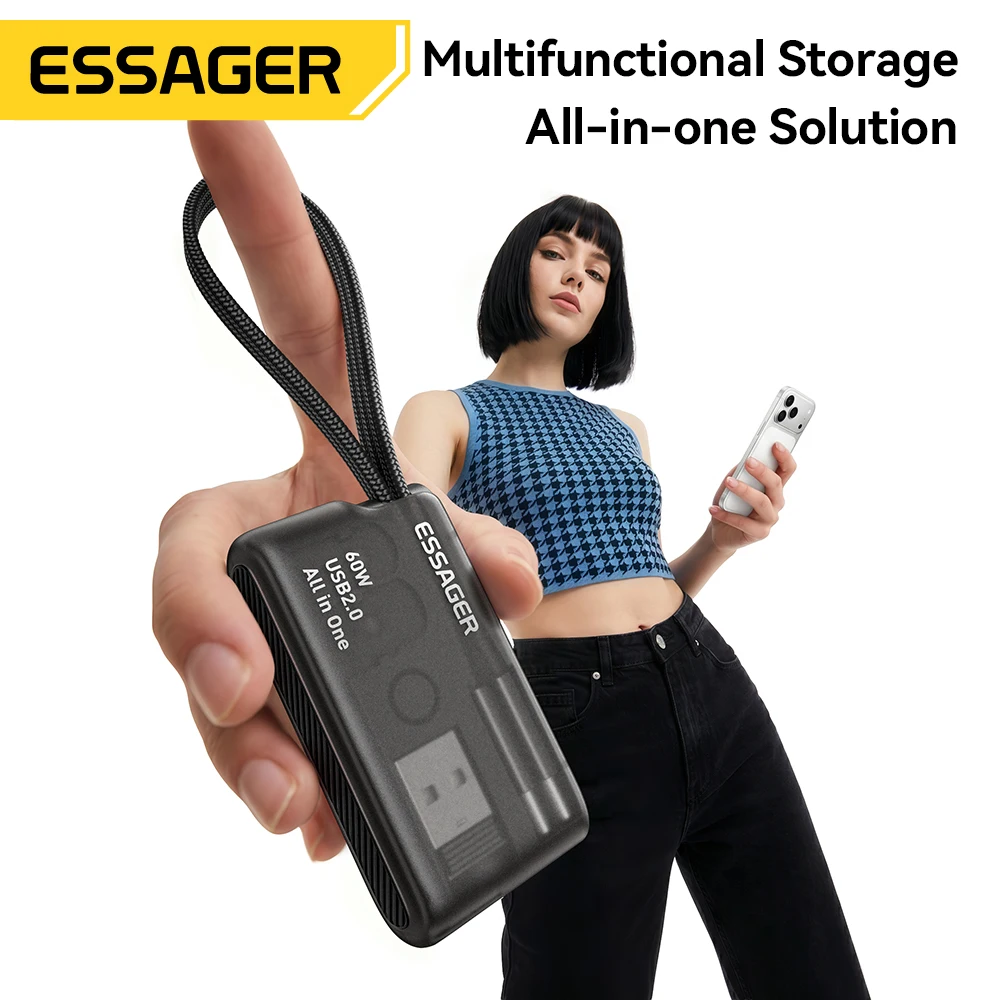 Cable de Datos USB Tipo C Multifuncional Essager PD 60W con Carga Rápida para iPhone 17 16 15, Caja de Almacenamiento con Soporte, Caja de Viaje