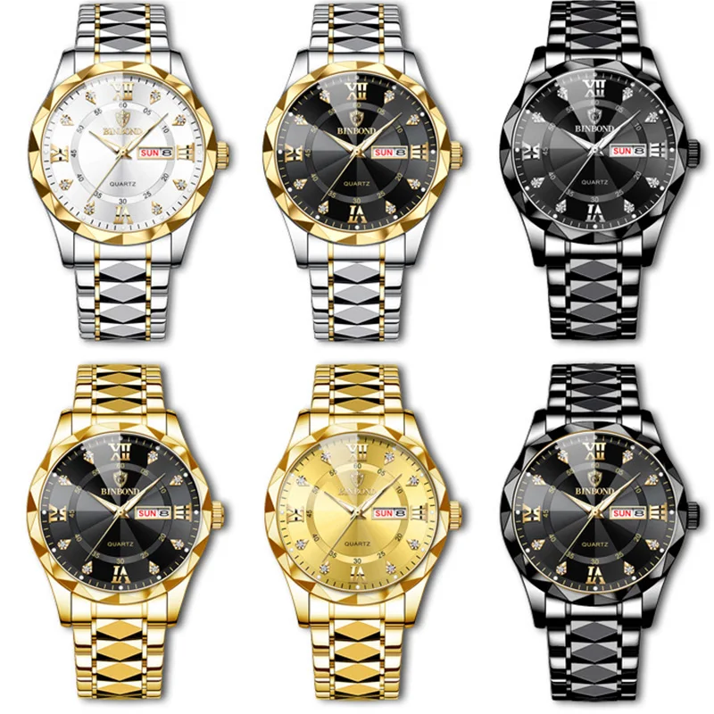 BINBOND-Reloj de pulsera de acero inoxidable para hombre, cronógrafo de lujo con botón oculto, cierre luminoso, resistente al agua, con fecha y semana