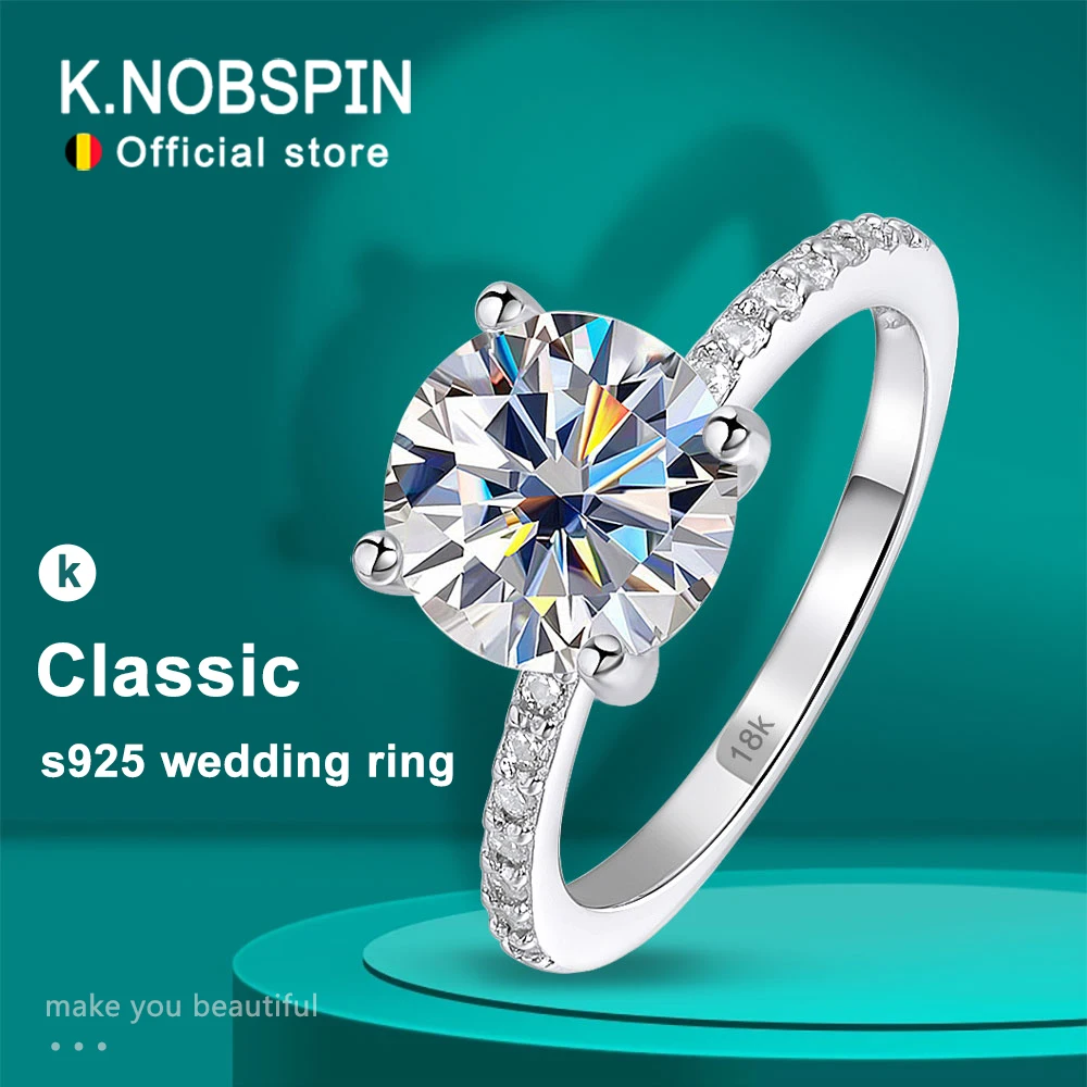 KNOBSPIN D VVS1 Anillo de moissanita redondo de 1-3 quilates chapado en oro blanco de 18 quilates, plata de ley s925 con anillos de boda de diamantes GRA para mujer