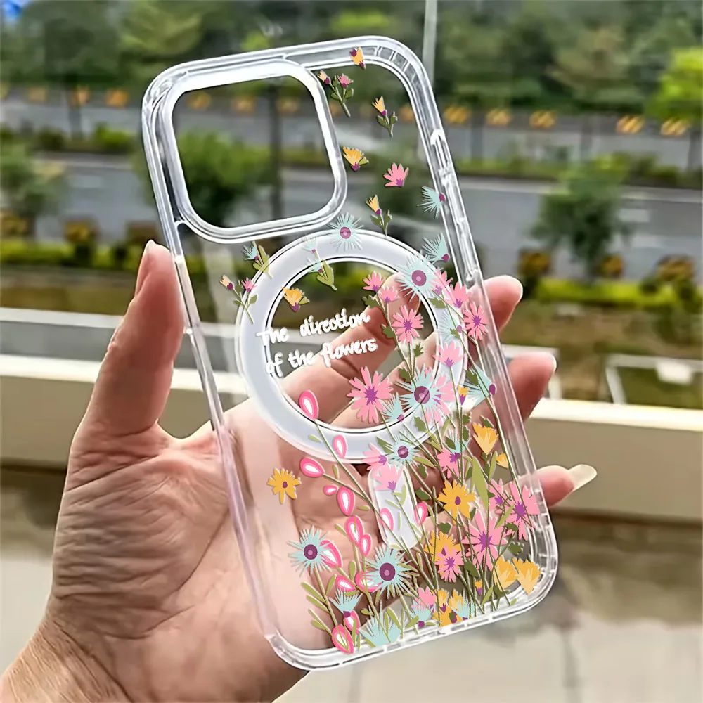Funda Transparente con Diseño de Flores Silvestres para iPhone 17 16 15 14 13 12 11 Pro Max Plus 16e 17Air, Compatible con Carga Inalámbrica Magsafe
