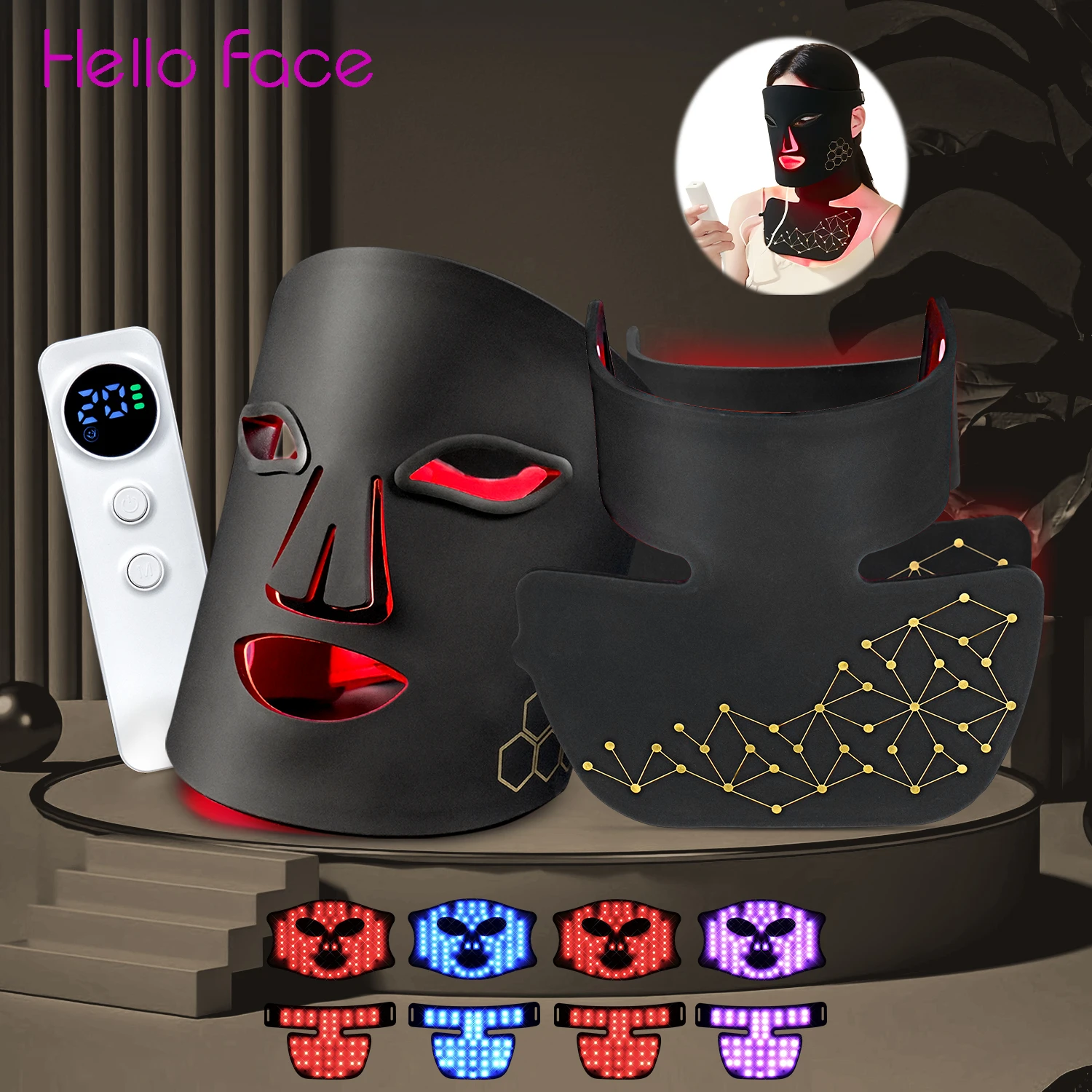 Hello Face NIR-mascarilla LED para el cuello, máscara de terapia de SPA para el cuello y la cara por infrarrojos, 216 + 132 vigas, dispositivo de belleza para rejuvenecimiento de la piel