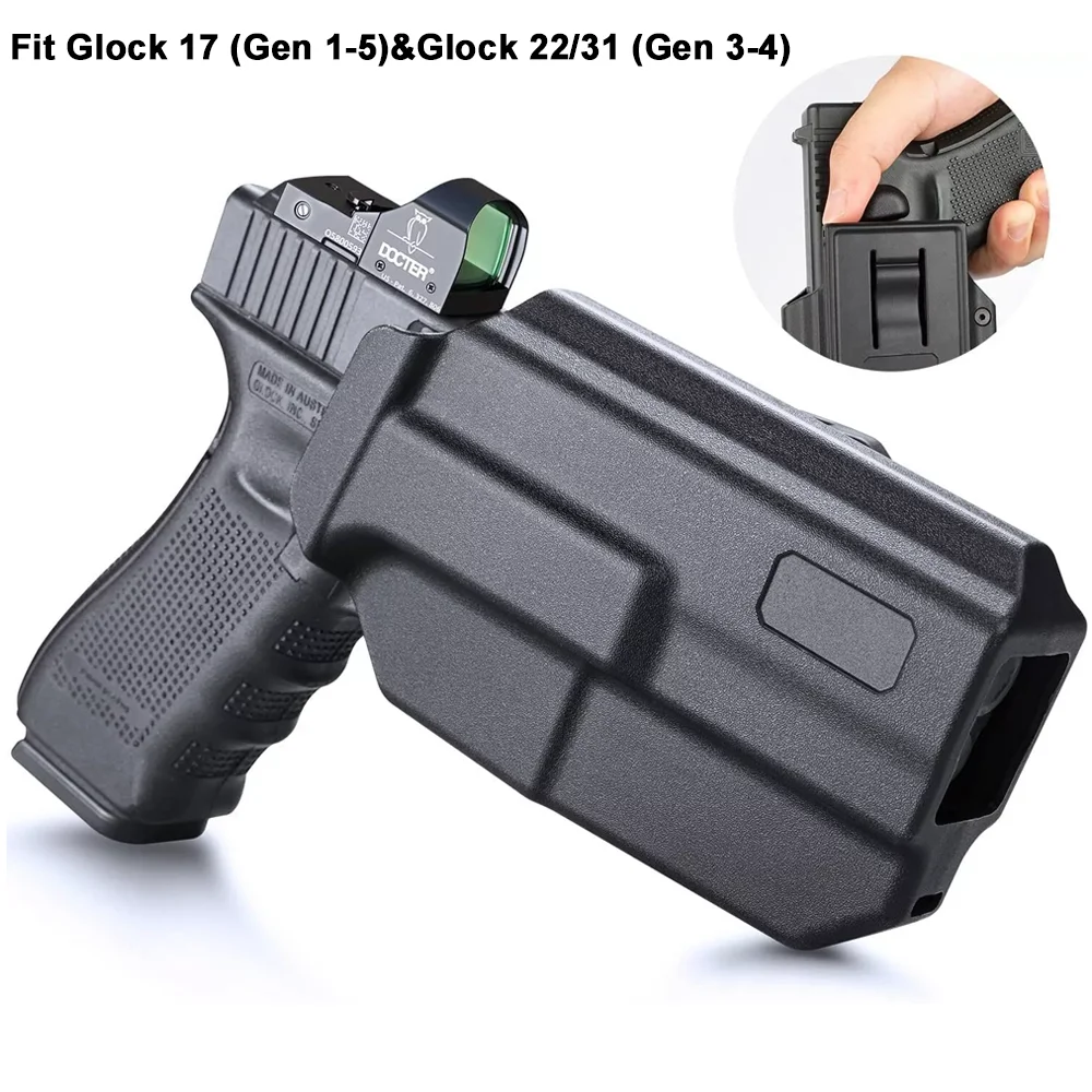Funda para Pistola G17 (Gen 1-5) y G22/31 (Gen 3-4), con Liberación de Pulgar OWB y Corte Óptico, para Mano Derecha