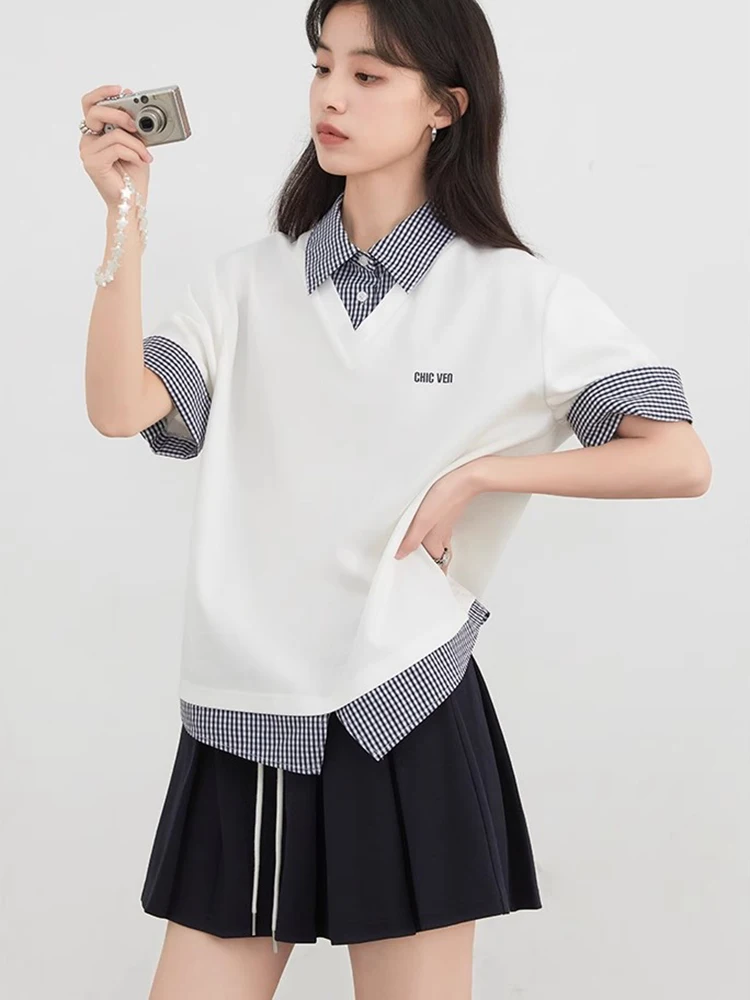 CHIC VEN-camisetas holgadas e informales para mujer, camisetas de manga corta a cuadros con contraste, Polo de retazos para primavera y verano 2025