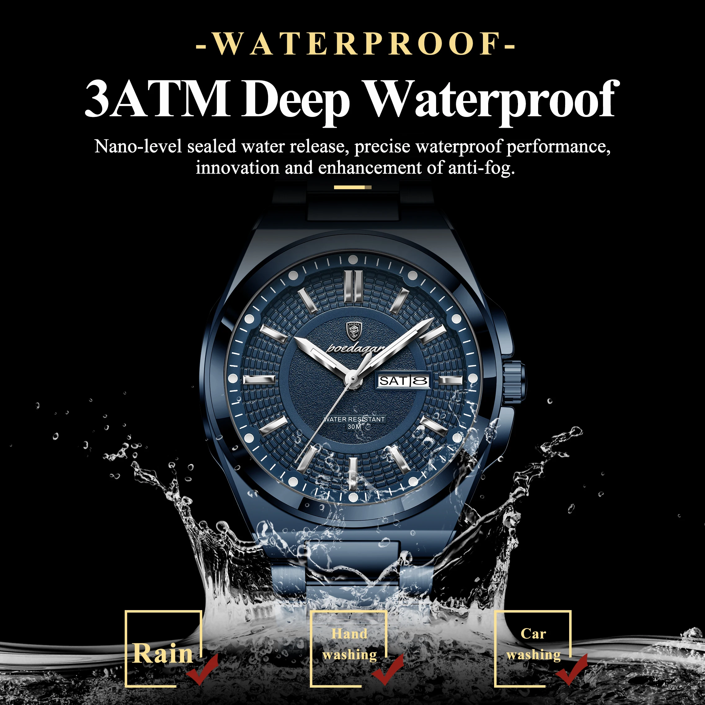 POEDAGAR, reloj de pulsera para hombre de negocios, acero inoxidable, resistente al agua, luminoso, informal, reloj para hombre, fecha, semana, relojes de cuarzo elegantes para hombre