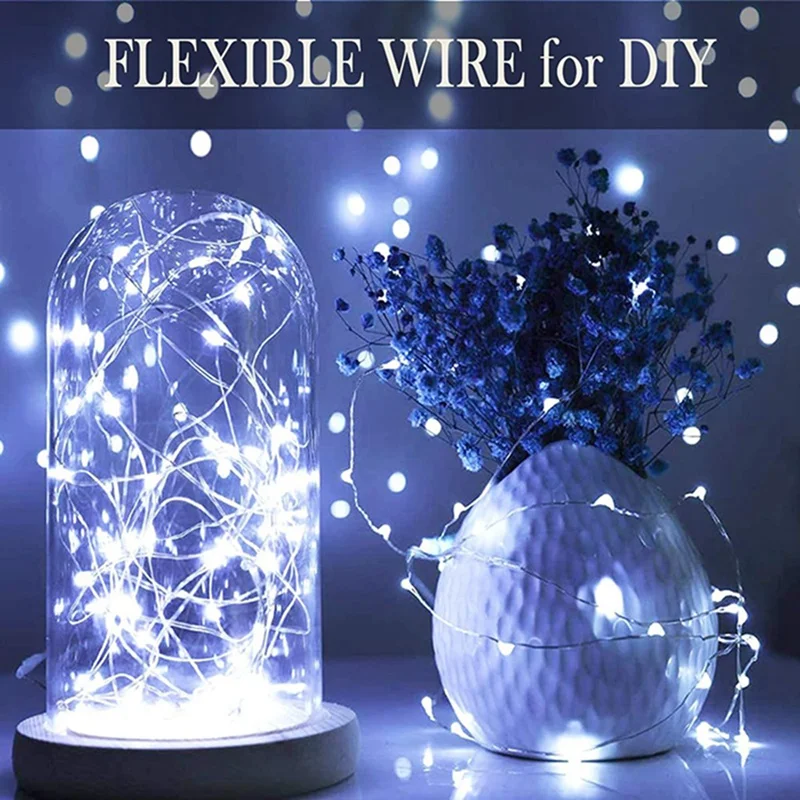 Paquete de 20 luces de hadas, 20LED, 2M, alambre de cobre plateado, alimentado por batería, decoraciones para boda, fiesta, decoración de Navidad