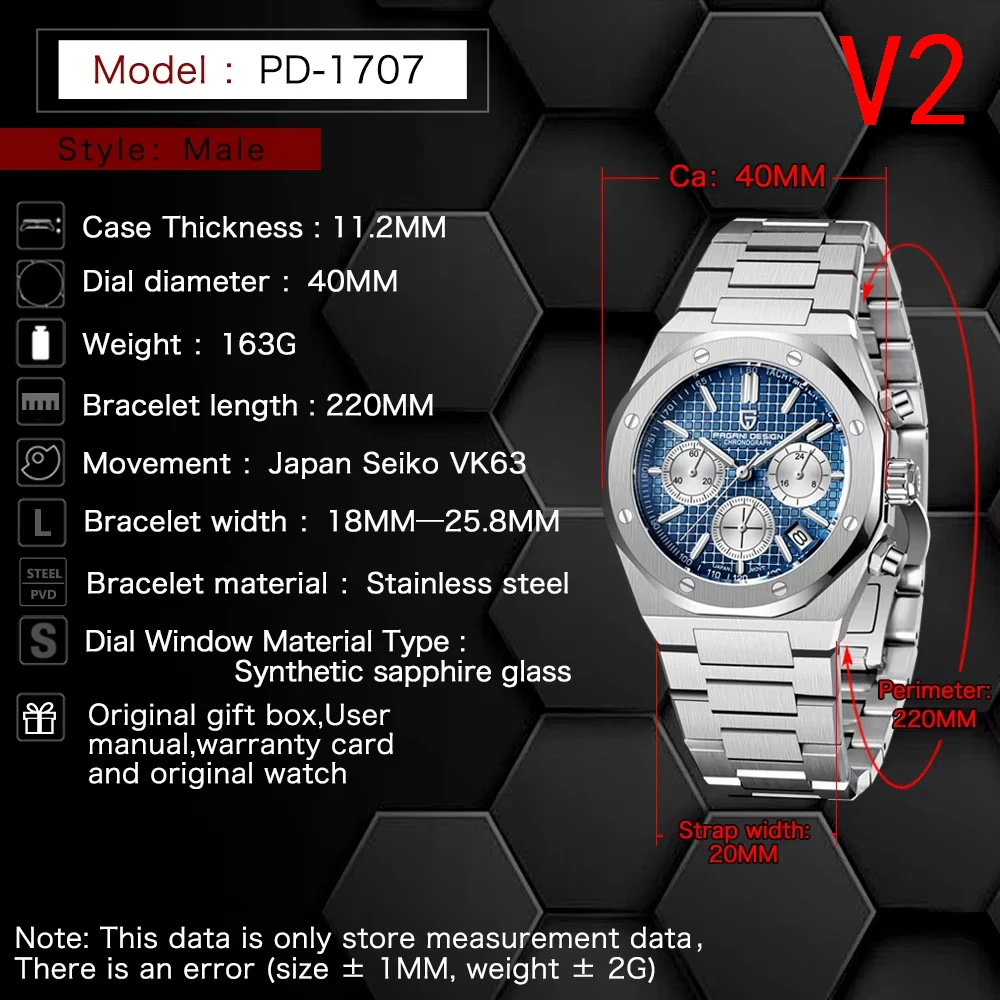 Reloj Pagani Design 2026 Nuevo Vk63 para Hombre, Cronógrafo de Cuarzo V2, Lujoso, con Cristal de Zafiro, Acero Inoxidable, Resistente al Agua 20 Bar, Luminoso