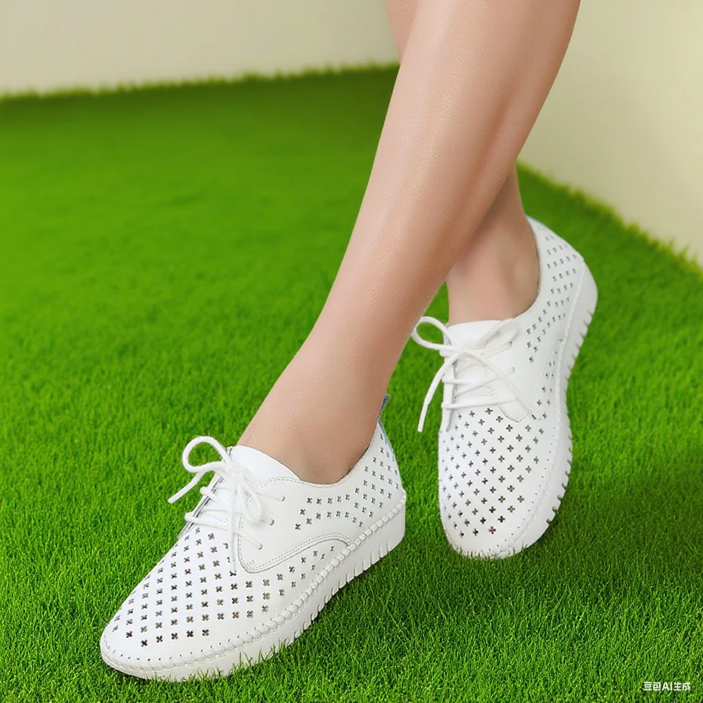 Zapatillas planas de cuero genuino para mujer, mocasines informales para mujer, mocasines huecos, zapatos náuticos de lona con cordones blancos