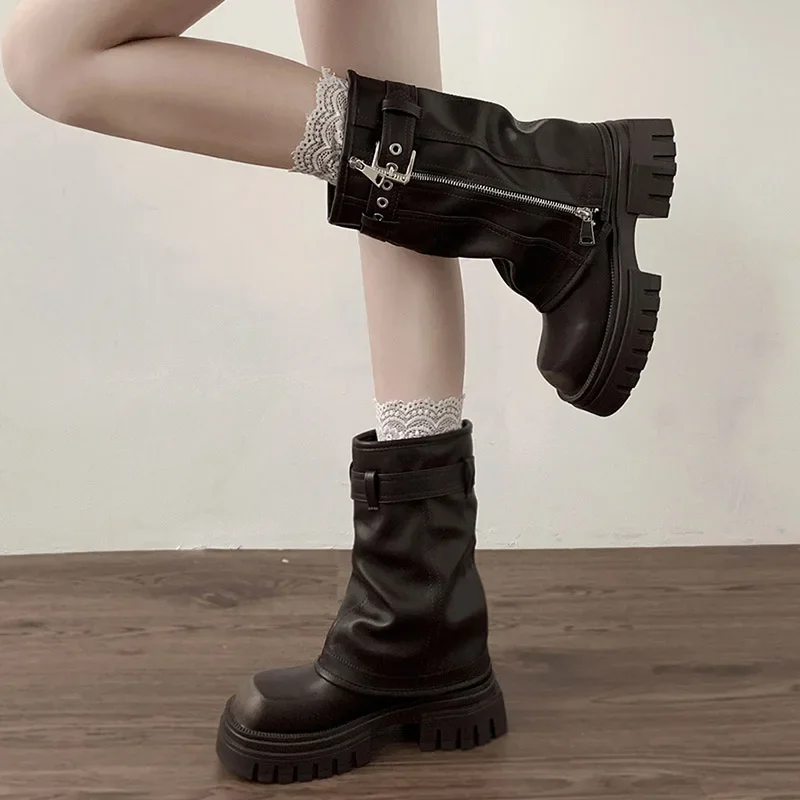Botas de motociclista de invierno para mujer, botines planos de plataforma elegantes con hebilla de cinturón a la moda, botines de caballero informales para mujer