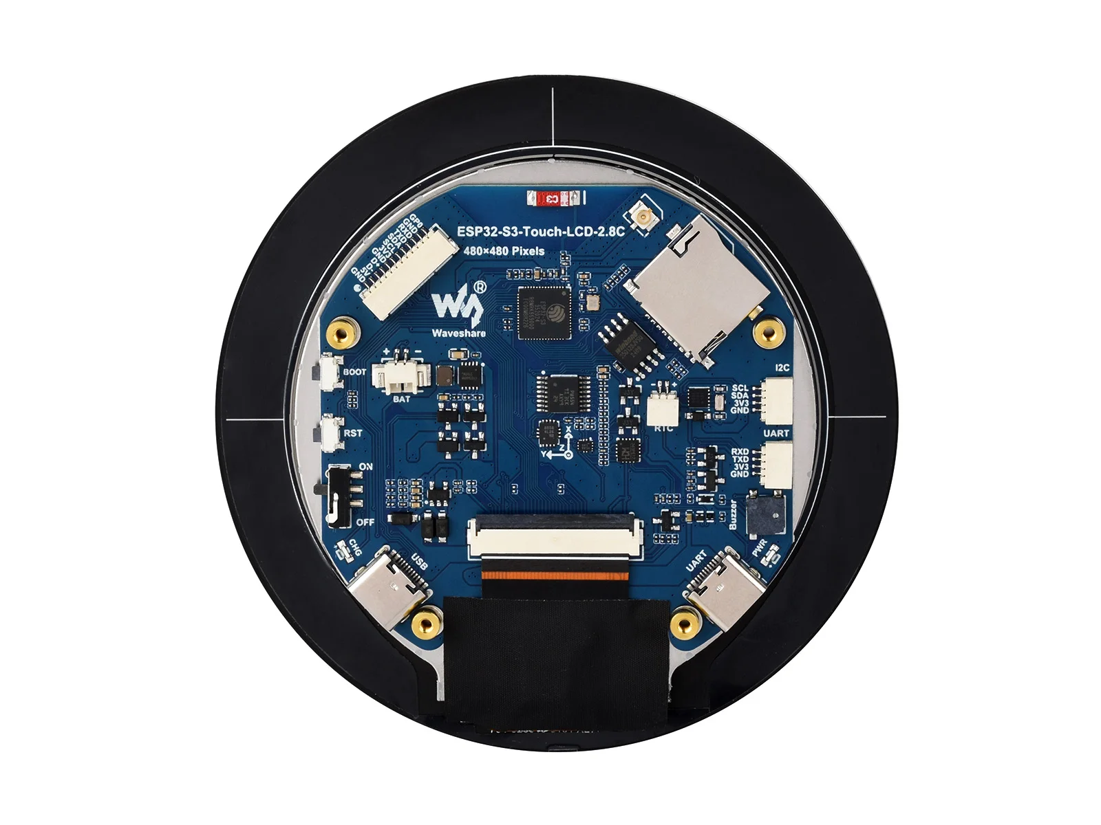 ESP32-S3 Placa de desarrollo de pantalla redonda táctil capacitiva de 2,8 pulgadas, 480 × 480, procesador de doble núcleo LX7 de 32 bits, compatible con WiFi y azul