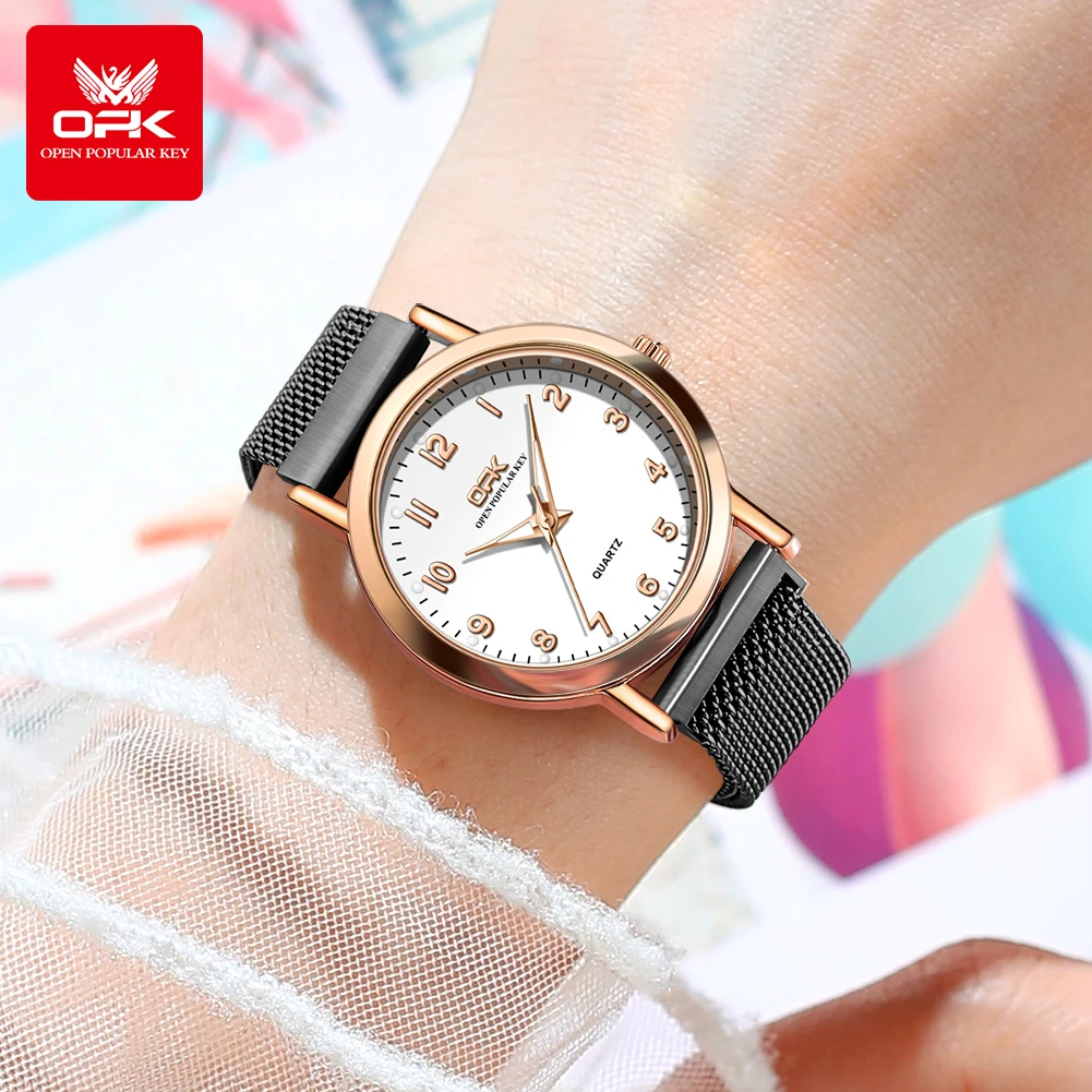 OPK 8115 relojes de mujer Reloj de pulsera original de moda Simple para mujer correa de malla de acero inoxidable Reloj luminoso resistente al agua