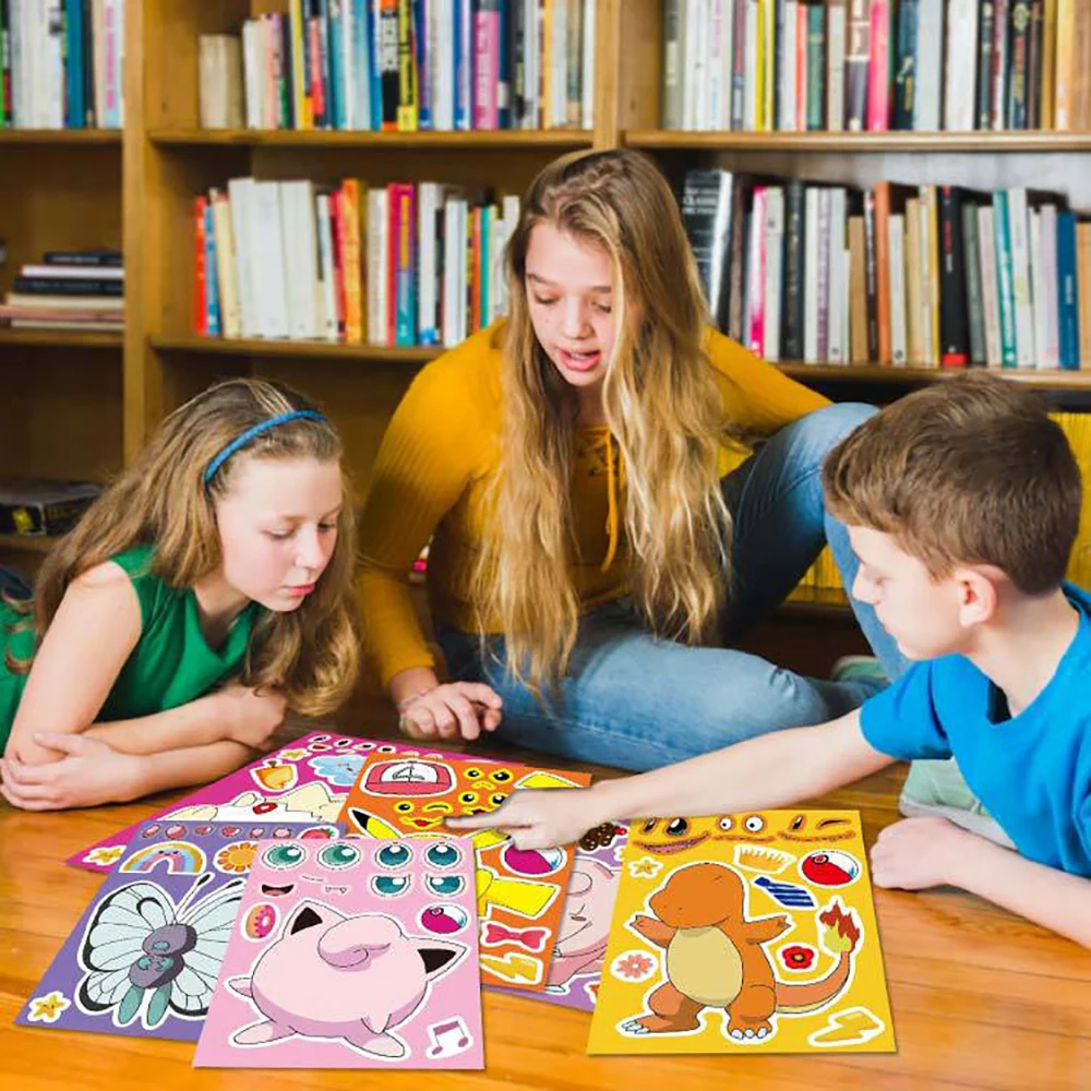 6/12 hojas de rompecabezas de Pokémon para niños, pegatinas de Anime para hacer una cara, montar calcomanías divertidas de dibujos animados, rompecabezas para niños, juguete para regalo