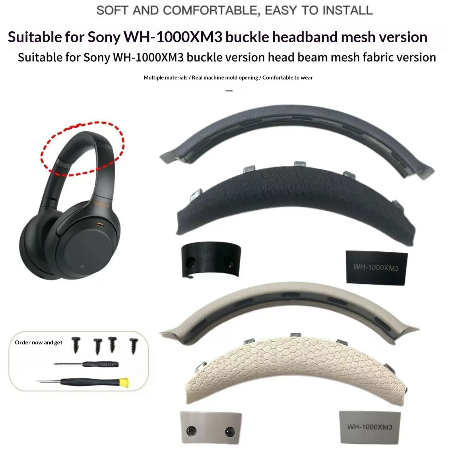 Almohadillas de gel refrescante para auriculares Sony WH-1000XM3, almohadillas de malla transpirable, cojines de cuero de oveja y cuero proteico, diadema con clip.