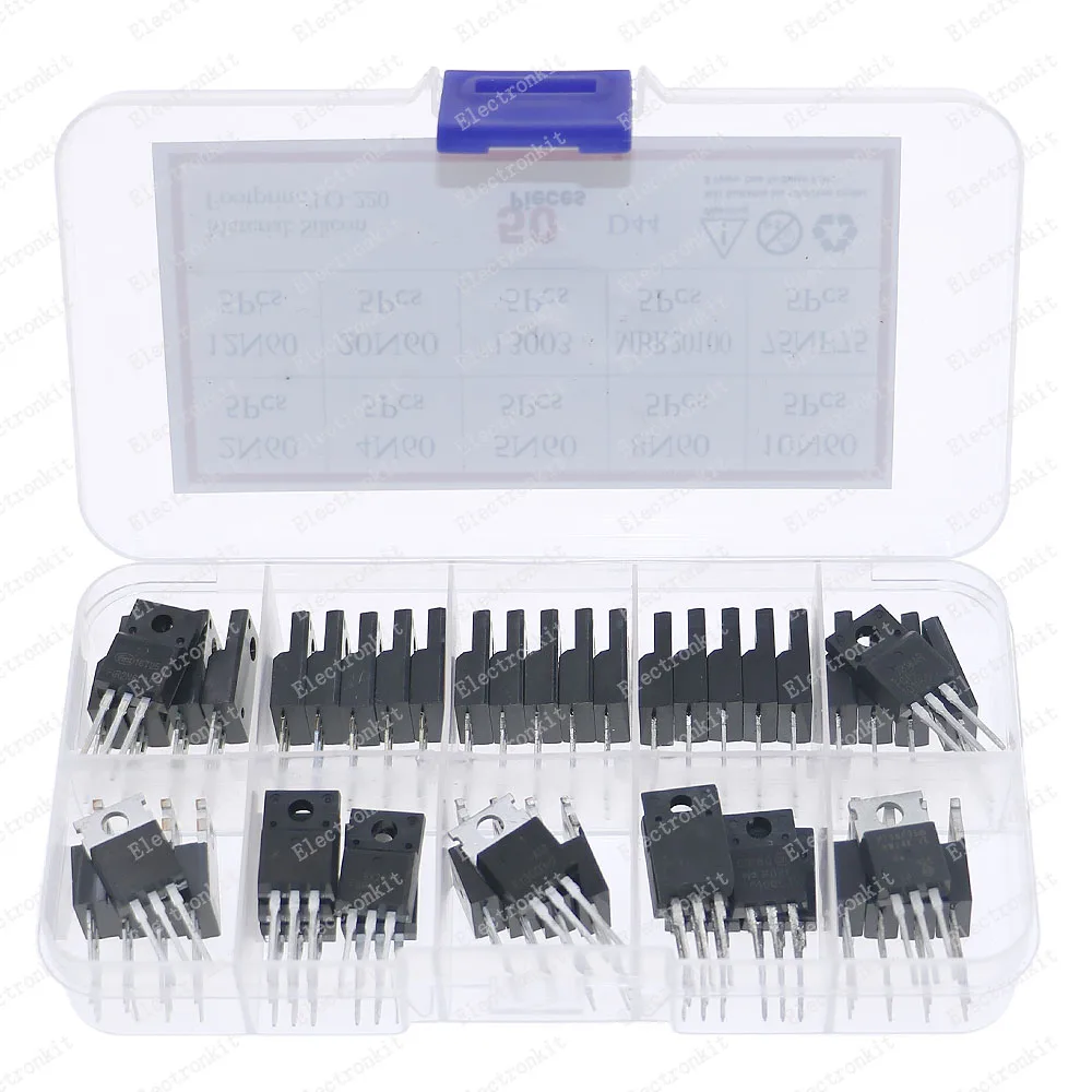 Kit de transistores Mosfet, caja de 50 piezas, 10 valores TO-220, 2N60, 4N60, 5N60, 8N60, 10N60, 12N60, 20N60, 13003, MBR20100, 75NF75