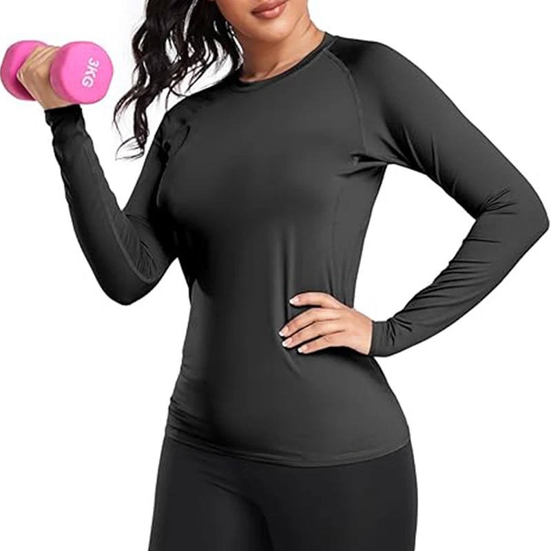 Camiseta de compresión para mujer, camiseta atlética de manga larga para Yoga, correr, primavera y otoño, entrenamiento de gimnasio, capas básicas elásticas, camisetas de protección contra sarpullidos