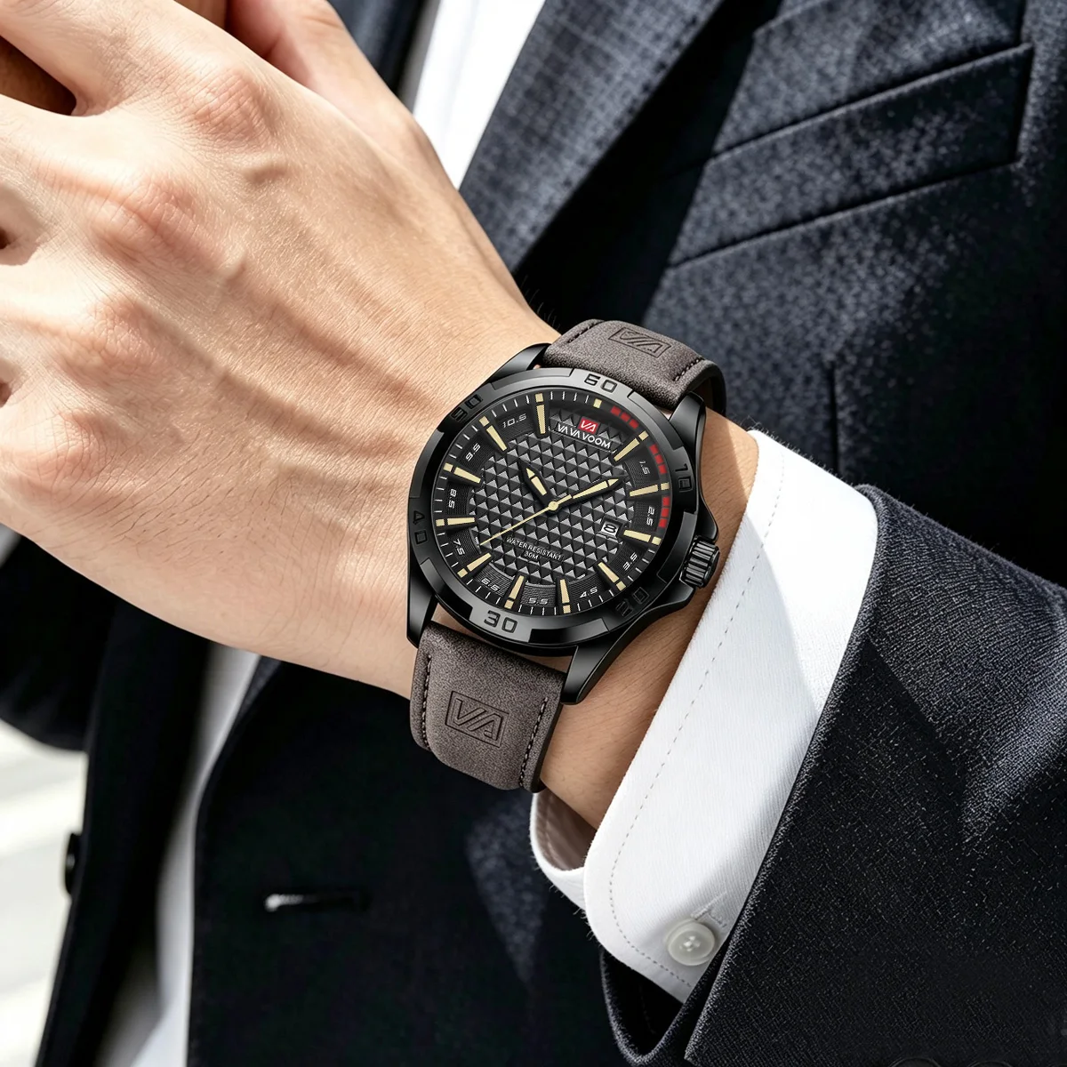 VA VA VOOM, reloj de pulsera deportivo informal con calendario de cuarzo militar para hombre, reloj de pulsera de cuero de negocios resistente al agua para hombre, reloj Masculino