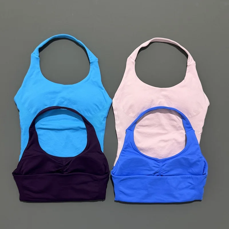 Histello-Top de tiras palangre para mujer, camiseta sin mangas deportiva con cuello Halter, sin costuras, fruncido, sin espalda, ropa deportiva para gimnasio, entrenamiento, Yoga, Fitness