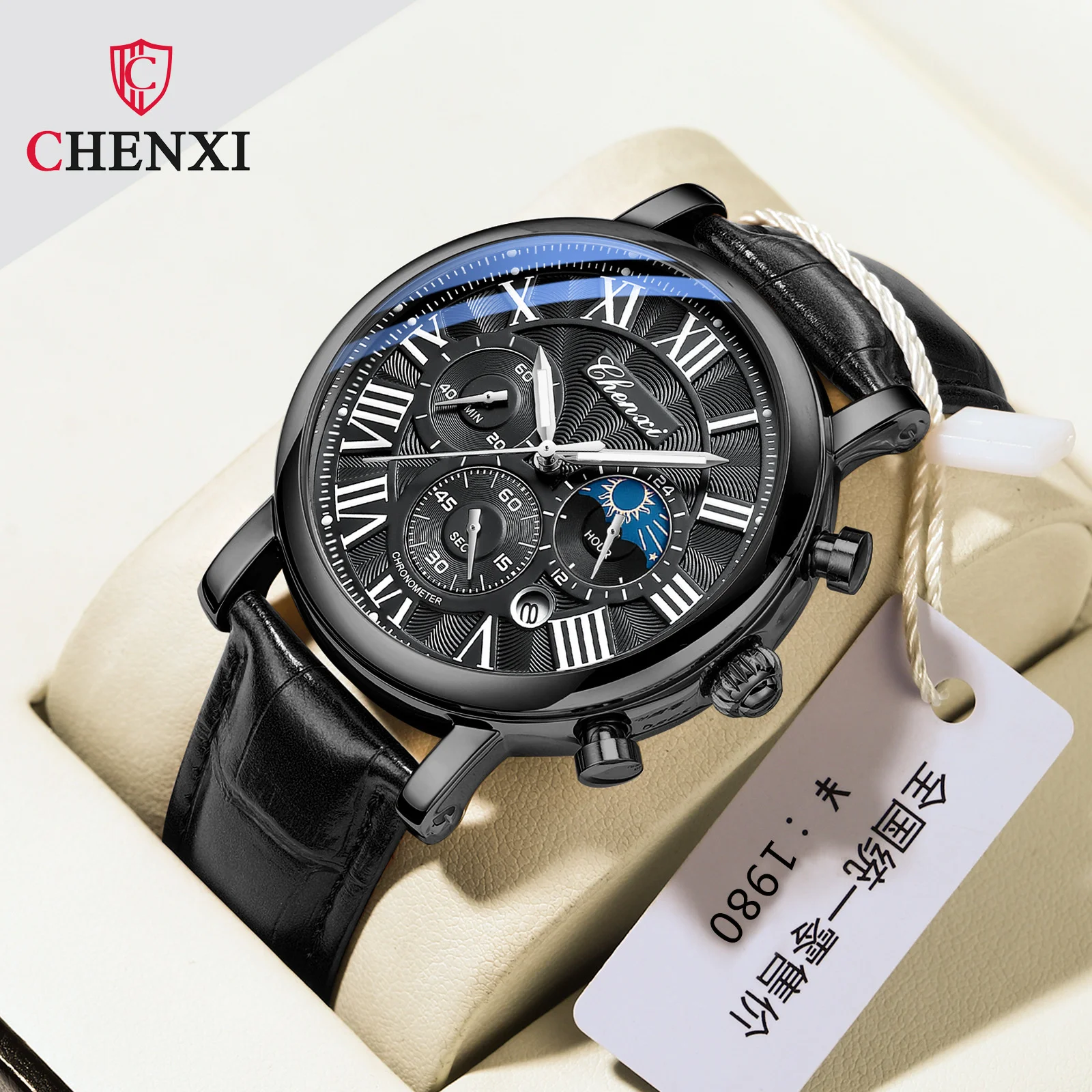 CHENXI 973 multifunción negocios fase lunar fecha impermeable Roma analógico importado hombres reloj de pulsera Dial relojes de cuero de cuarzo