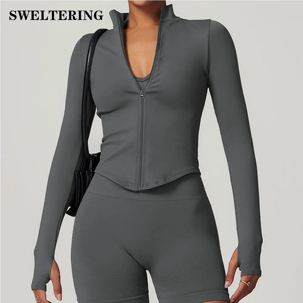 Chaqueta con cremallera para mujer, Tops cortos, camisetas de Yoga, Top deportivo liso, camisas para correr de manga larga, ropa deportiva Sexy de secado rápido para gimnasio y Fitness