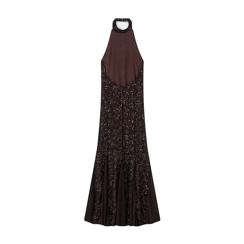 Nlzgmsj 2026 Vestido Largo Sexy de Primavera con Lentejuelas para Mujer, Vestido Elegante de Fiesta con Cuello Halter y Espalda Descubierta