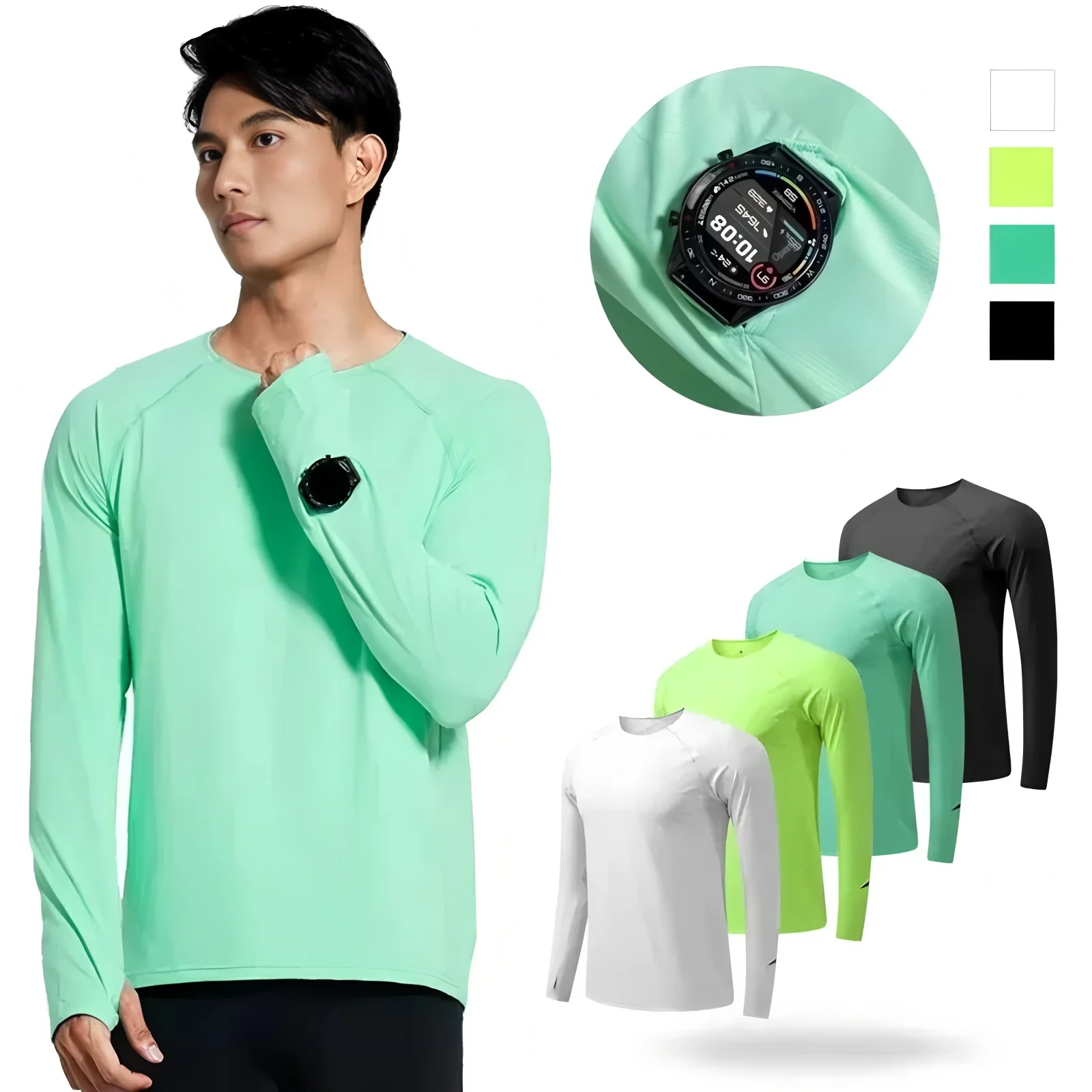 Camiseta para correr de otoño para hombre, camisetas de entrenamiento Anti-UV de manga larga, camisa de entrenamiento con agujero para el pulgar, puño antiestático de secado rápido