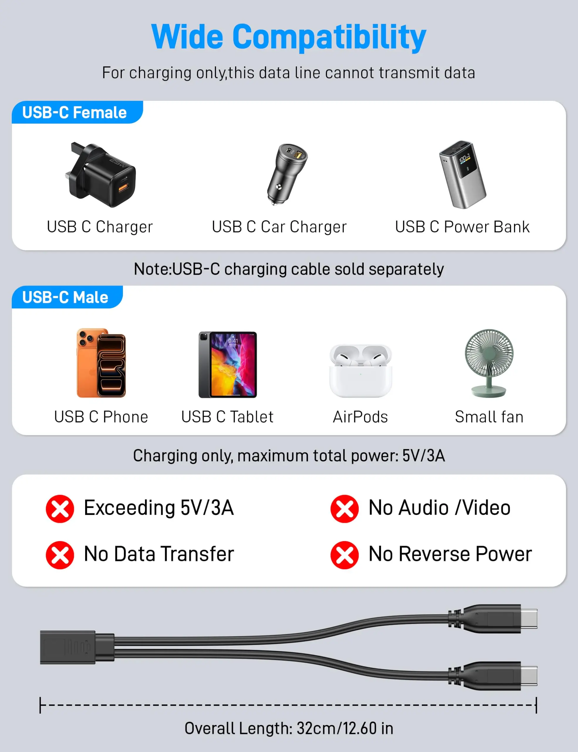 Cable Divisor USB C de 0.3m/1ft, 1 Entrada y 2 Salidas, USB C a Doble Puerto Tipo C Macho, Cable de Extensión para Carga (Solo para Cargar)