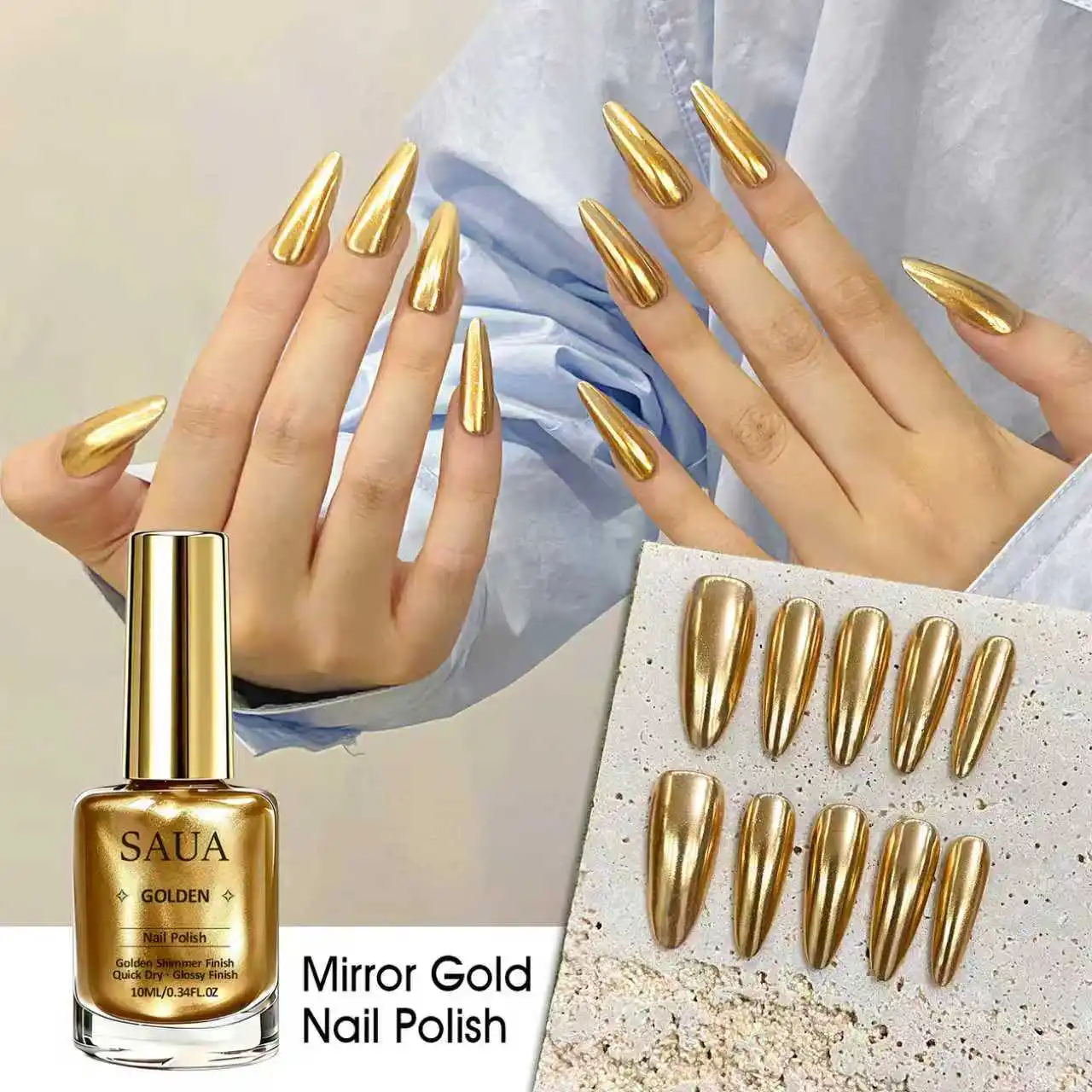 Esmalte de uñas metálico dorado de 10 ml – Secado rápido, no requiere lámpara; proporciona un acabado metálico duradero y natural con efecto espejo.