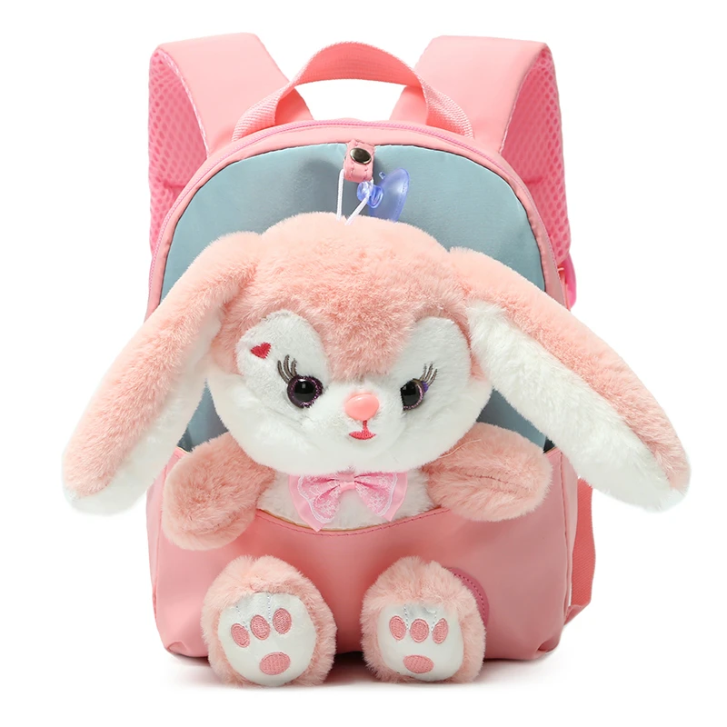 Mochila de conejo 3D de felpa para niños, niñas, niños, mochila escolar con bonito pajarita, mochilas escolares de dibujos animados, bolsa de bebé preescolar para guardería