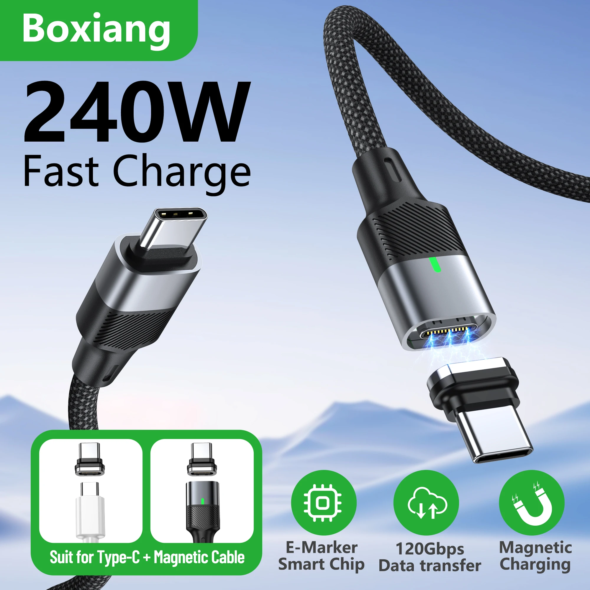 Cable Magnético USB-C Boxiang 240W 48V5A PD3.1, Carga Rápida, Conector Magnético, Sincronización de Datos de Alta Velocidad 120Gbps, Cable Cargador Tipo C de Doble Uso