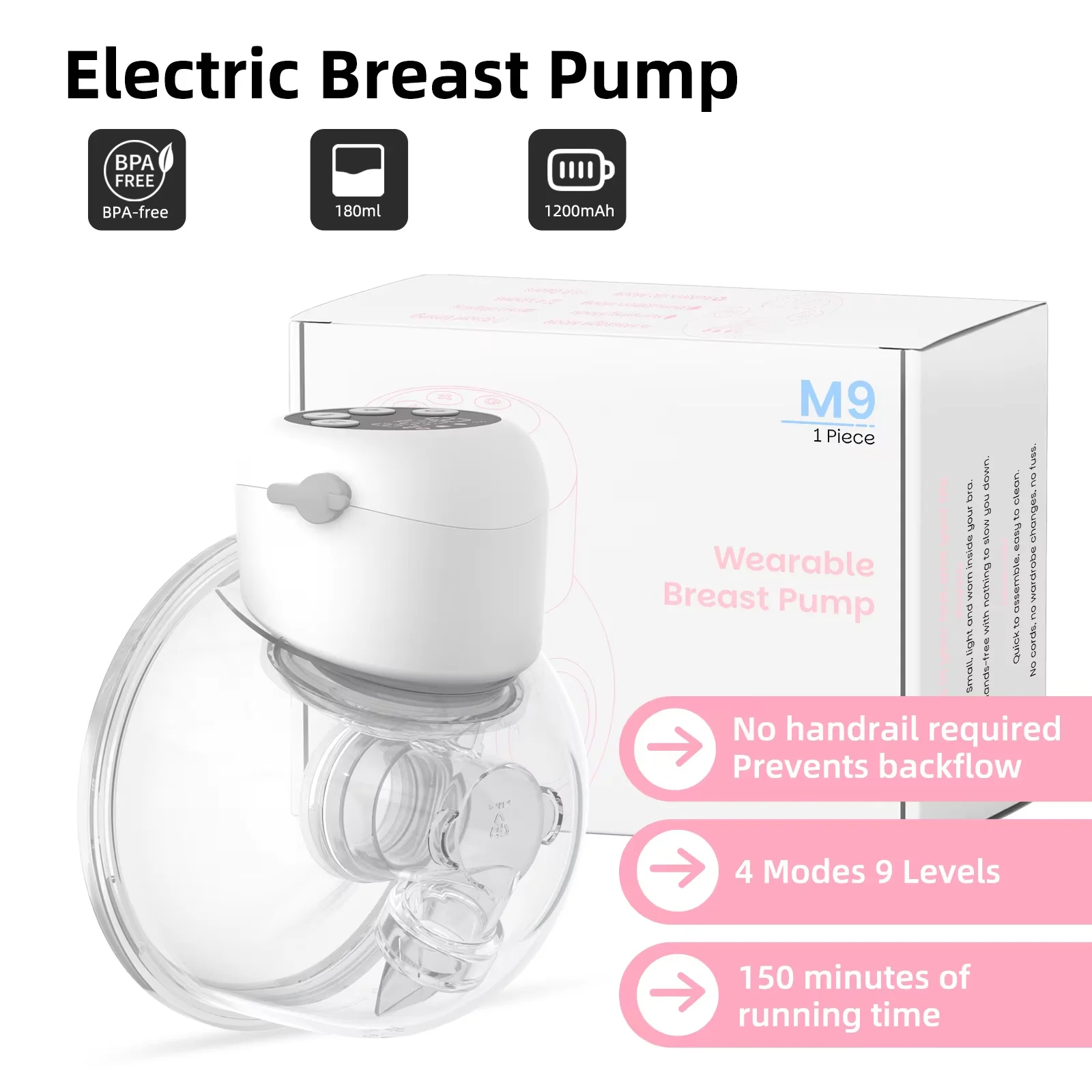 Extractor de Leche Materna Eléctrico Manos Libres, Recolector de Leche Cómodo con Pantalla LCD, 4 Modos y 9 Niveles, 300 mmHg MÁX.