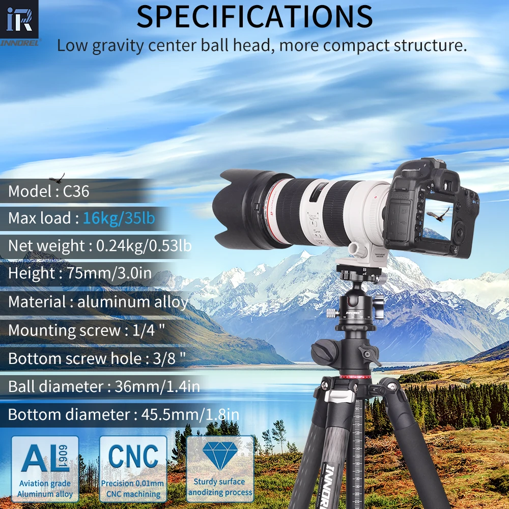INNOREL C36 Cabeza de bola de perfil bajo 360 °   Cabezal de trípode para cámara panorámica, diámetro 36mm, para monopié, cámaras DSLR, carga de videocámara 16kg