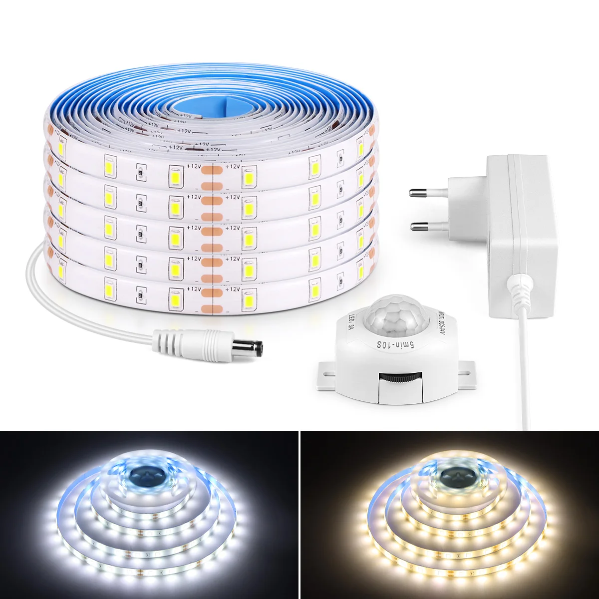 Tira de LED 2835 Impermeable con Adaptador de Corriente de 110V 220V a 12V para UE y EE. UU., Interruptor con Sensor de Movimiento PIR, Luz LED para Debajo del Gabinete