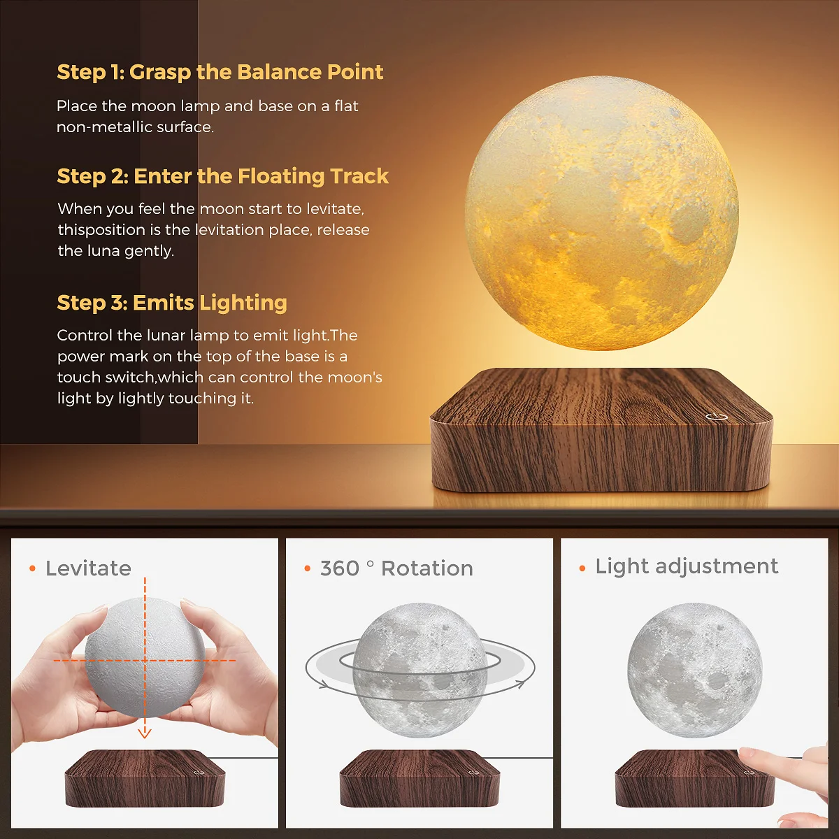 Luz Nocturna flotante magnética de Luna levitante, 3 colores de temperatura, lámpara LED 3D de mesa creativa con Base de madera para regalo y oficina