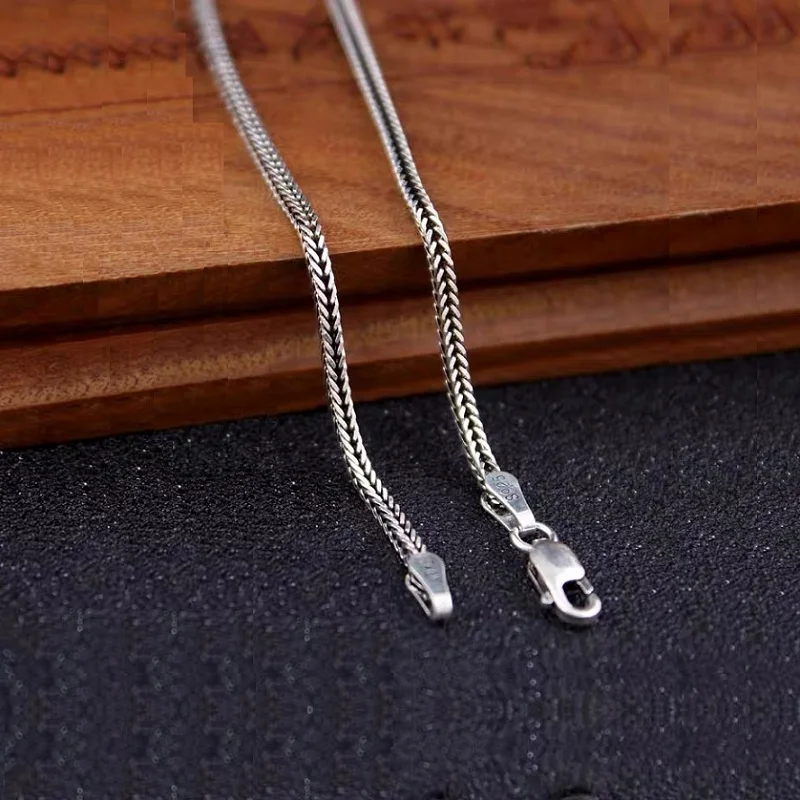 Cadena de suéter de cola de zorro de plata pura S925 para hombres y mujeres, pulsera de estilo Retro con Vhain tejido grueso de 3mm