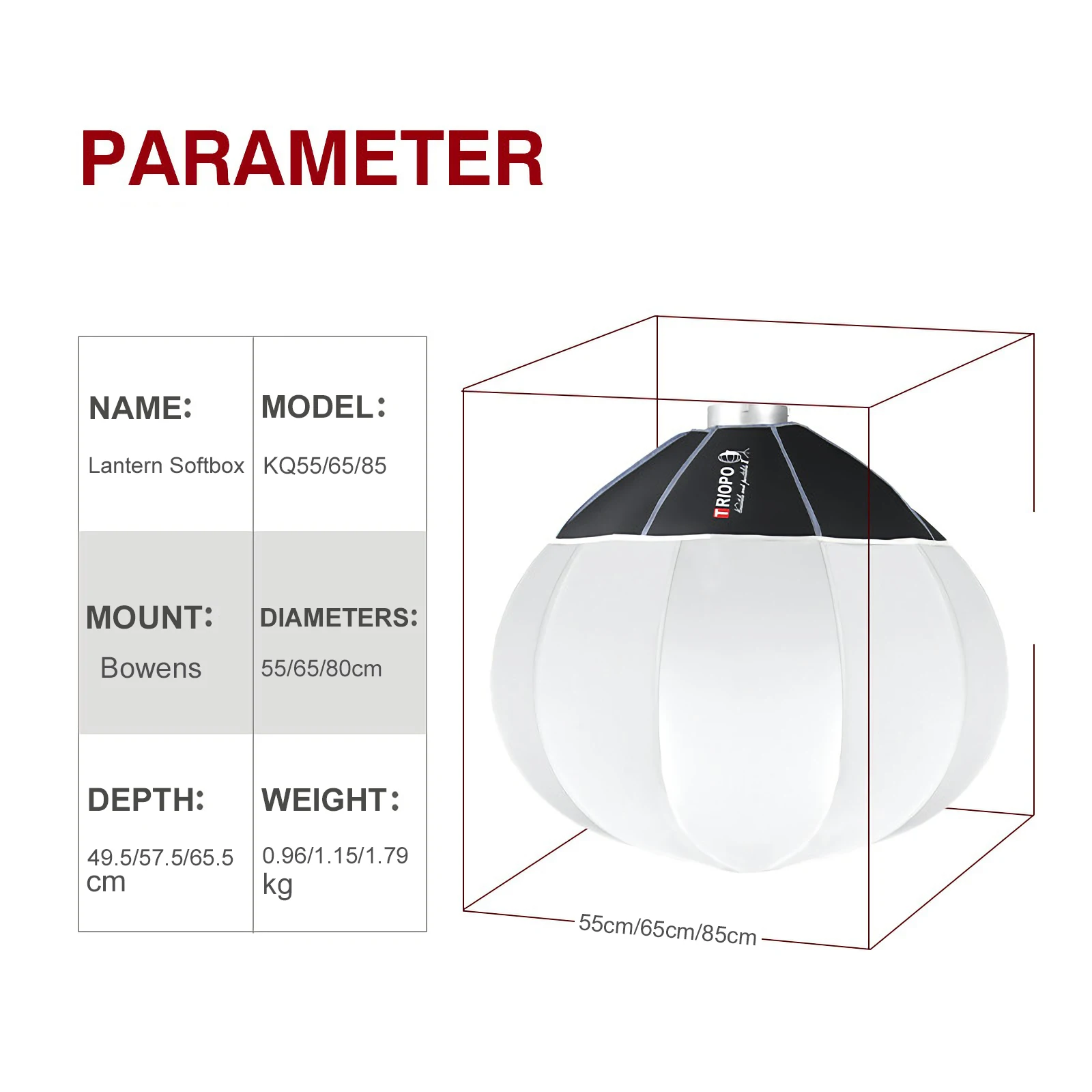 TRIOPO Lantern Softbox Light Modifier-linterna Softbox, modificador de luz de 55/65/85cm, liberación rápida para Sokani X100 COLBOR Godox Aputure Bowens, montaje de luz LED para vídeo