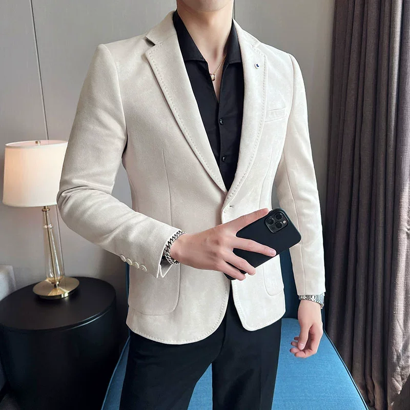 Nuevo abrigo de traje de moda para hombre, chaqueta de lujo elegante de terciopelo de piel de venado ajustada, abrigo informal de negocios para boda, traje de talla grande 4XL-S