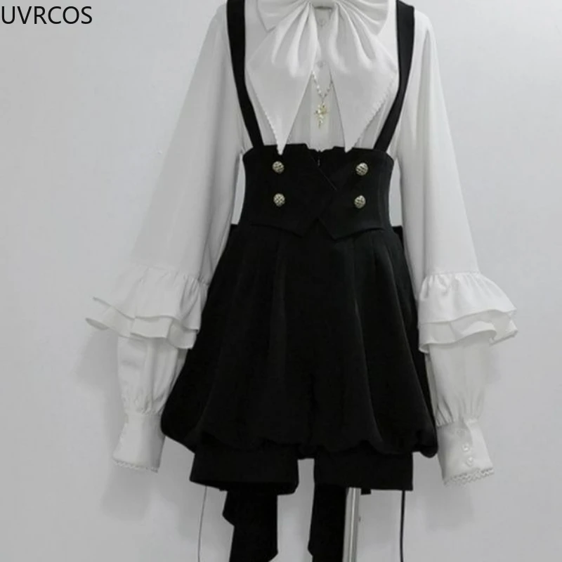 Conjunto gótico japonés Y2k de 2 piezas para mujer, camisas con lazo blanco dulce, falda con tirantes negros, Mini pantalones, traje de princesa Vintage informal