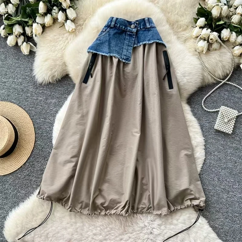 Nueva Falda Midi de Mezclilla con Parches para Mujer, Diseño Exclusivo, Color Caqui, Cintura Asimétrica con Cordón, Falda Burbuja con Bolsillos con Cremallera SK8003