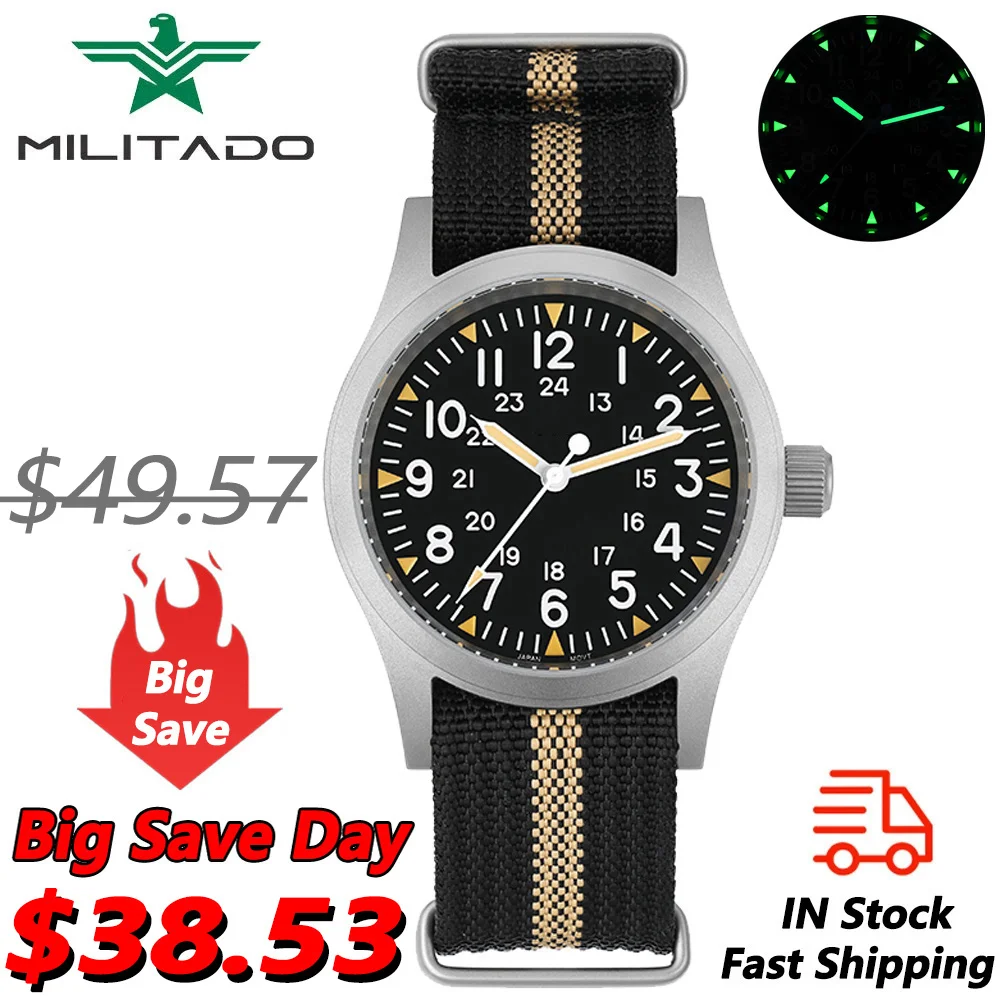 Reloj Militado ML05 de 38mm Vintage VH31, relojes de campo con movimiento de cuarzo, cristal de zafiro con cúpula y reloj de pulsera con revestimiento AR de alta claridad