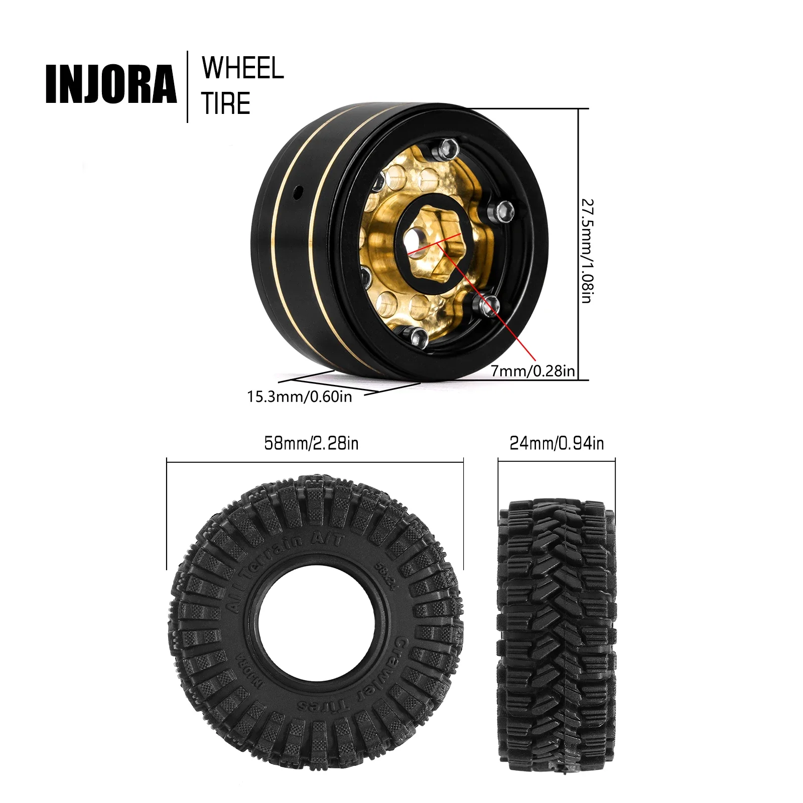 INJORA-Juego de neumáticos de rueda Beadlock de latón con revestimiento negro, 1,0 ", para coche trepador de control remoto Axial SCX24 AX24 TRX4M FCX24 1/18
