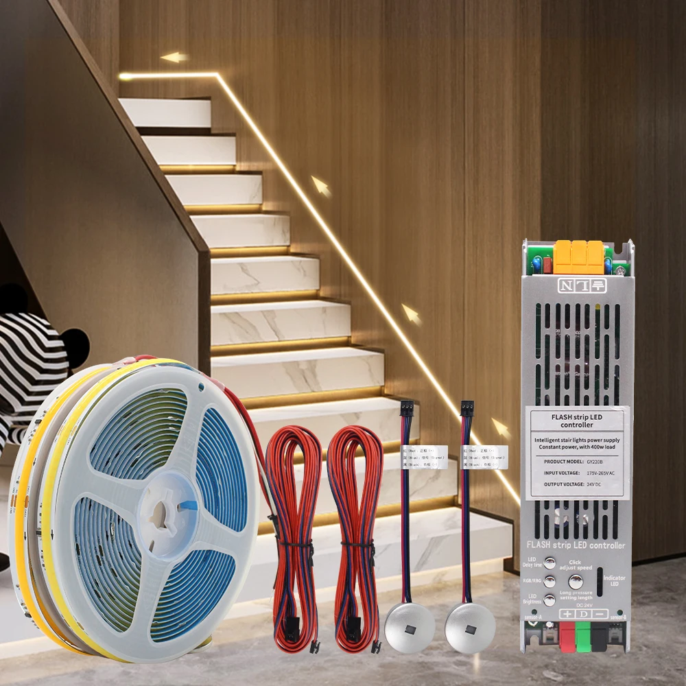 Kit de tira de luces LED para escaleras con Sensor de movimiento, 5M, 10M, 15M, 24V COB, flujo de agua, iluminación de paso para escalera Interior, lámpara de pasillo