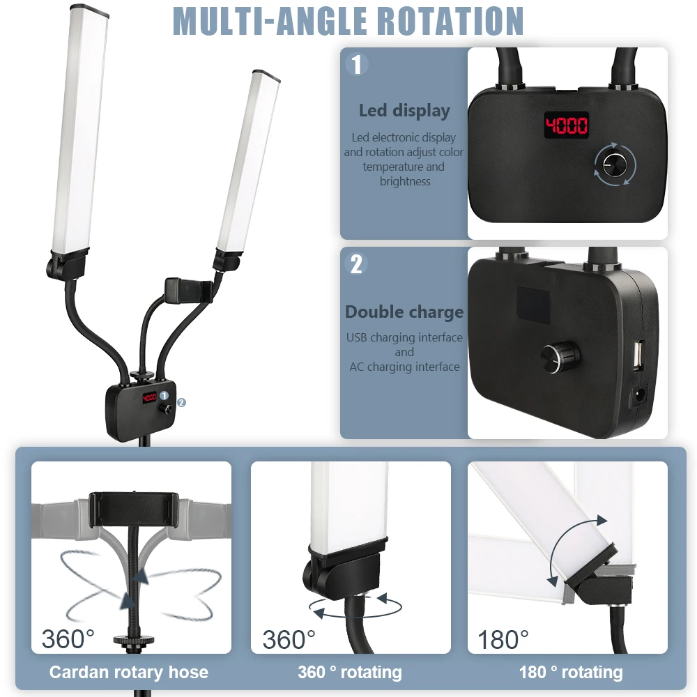 Luz de relleno LED de doble brazo para estudio fotográfico, tiras largas, lámpara de anillo LED con trípode, pantalla LCD, iluminación para selfies fotográfica de 3200-5600K