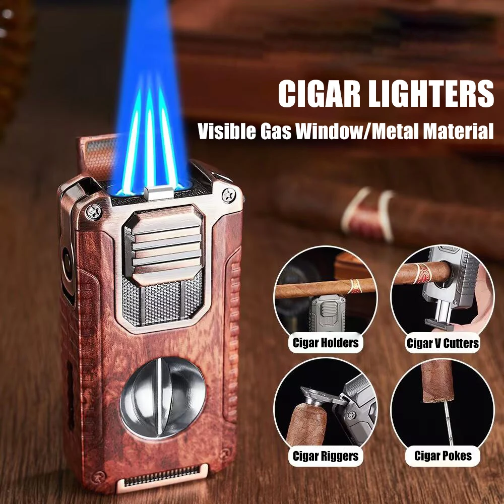 Encendedor de cigarros de triple llama resistente, cortador de cigarros en forma de V, perforador de cigarros con ventana visual de gas y aguja pasante.