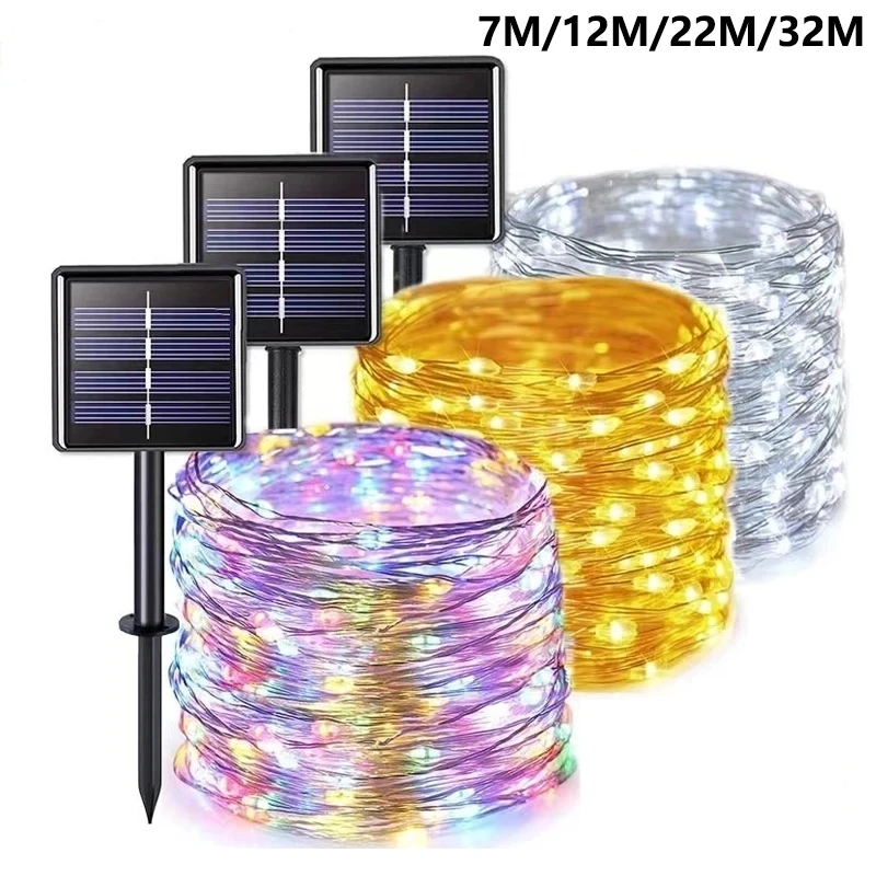 Guirnalda de luces Led solares de 7M/12M/22/32M, adorno para exteriores, guirnalda de luces Led impermeables, decoración de lámpara Solar para jardín y fiesta de Navidad