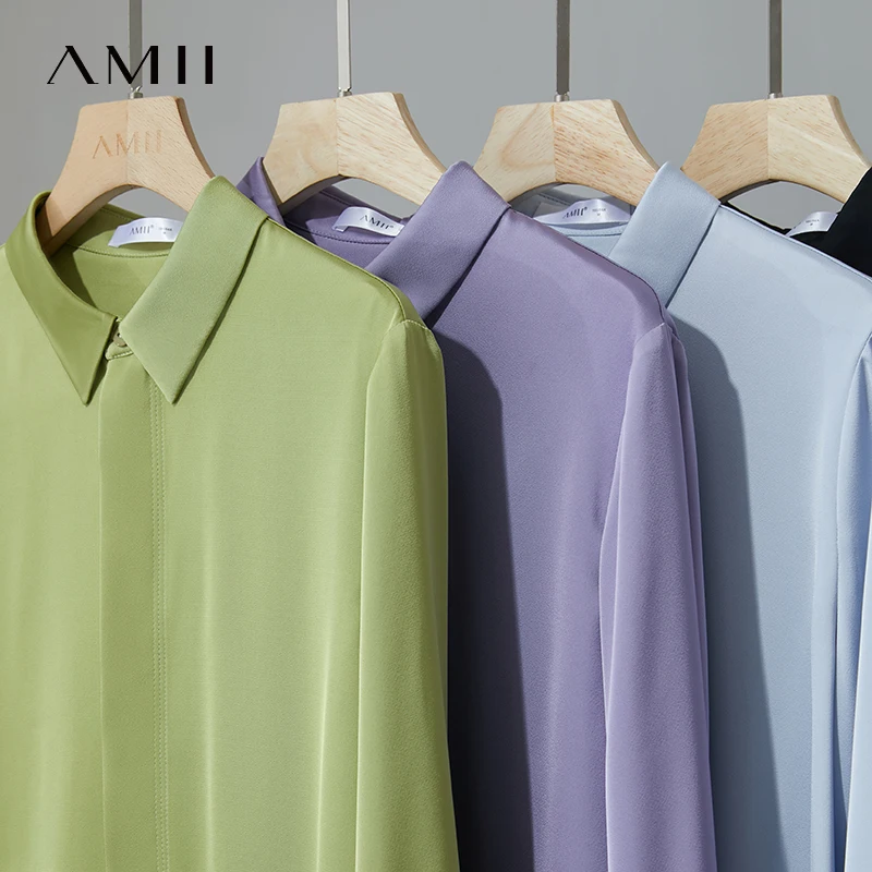 Amii Top minimalista para mujer, camisa de color liso, satén ligero y suave, estilo adelgazante para el lugar de trabajo, camisa francesa para mujer 12521085