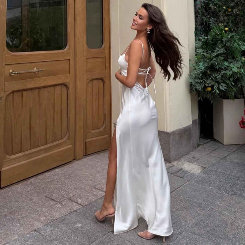 Vestido Largo Elegante Tsiisd para Mujer, sin Espalda, con Cordones, para Playa, Vacaciones, Fiesta, Boda, Noche