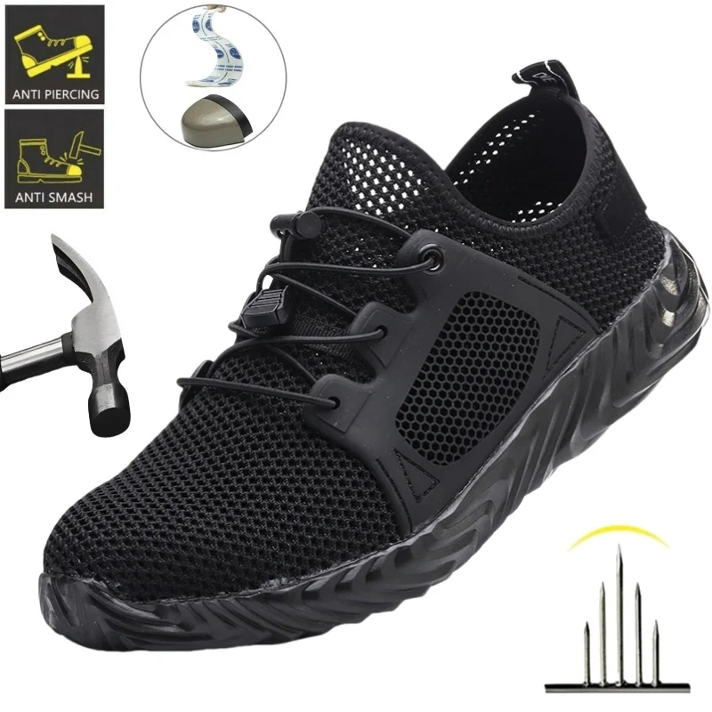 Zapatos de seguridad calados de verano, zapatos de trabajo con punta de acero para hombres, zapatillas ligeras de seguridad indestructibles con protección contra perforaciones