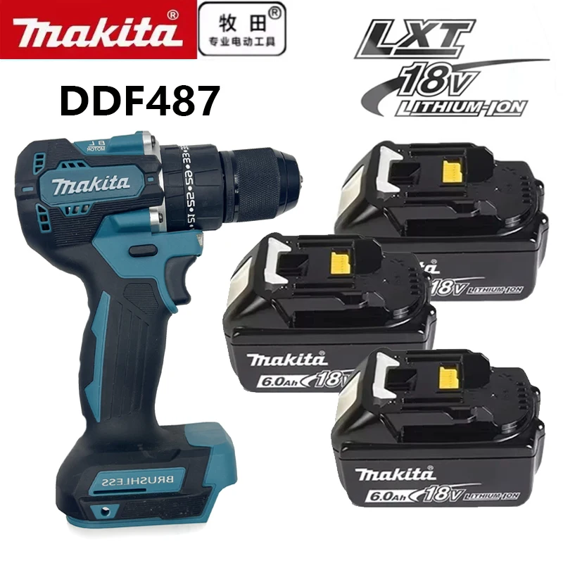 Taladro percutor inalámbrico Makita DDF487 de 10 mm sin escobillas de 18 V con batería de iones de litio, destornillador eléctrico de alto torque, batería Makita de 18 V